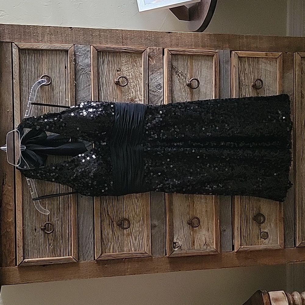 White House Black Market Black Sequin Halter Dress with Silky Tie Neck/waist